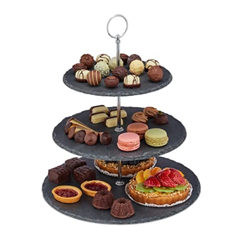 Relaxdays 2 x Etagere mit 3 Etagen, Schiefer, Kuchen, Snacks, Obst, Metallgriff, Servierständer, HxD: 34x30 cm, anthrazit/Silber