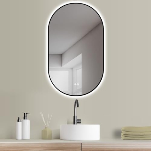 HOKO® Design LED Spiegel Beschlagfrei oval 60x100 cm / 100x60 cm Florenz+ Metall Rahmen Schwarz. HOCH+QUER Montage. Badspiegel groß + 2 Touch Schalter + LED Licht Wechsel-Warmweiß-Kaltweiß-Neutral