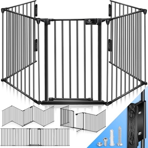 KESSER® Kaminschutzgitter mit Tür 600 cm Metall Ofenschutzgitter Laufgitter Laufstall Absperrgitter Tierschutzgitter Türschutzgitter für Kinder-Sicherung, 10-teilig Elemente (je 60 x 75 cm) Schwarz