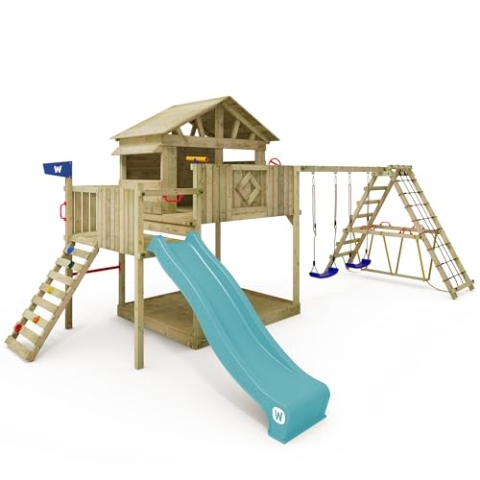 WICKEY Spielturm Klettergerüst Smart Fjord mit Schaukel & Rutsche, Outdoor Kinder Kletterturm mit Sandkasten, Leiter & Spiel-Zubehör für den Garten (Türkis)