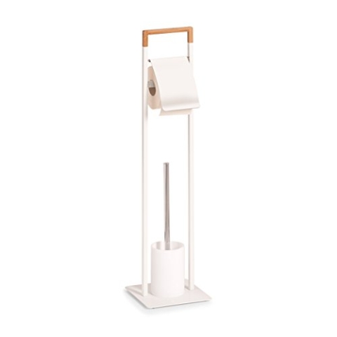 Zeller 18723 WC-Garnitur, Metall/Bamboo, weiß, ca. 19 x 19 x 74,5 cm, Toilettenpapierhalter mit WC-Garnitur, freistehendes Badezimmerzubehör