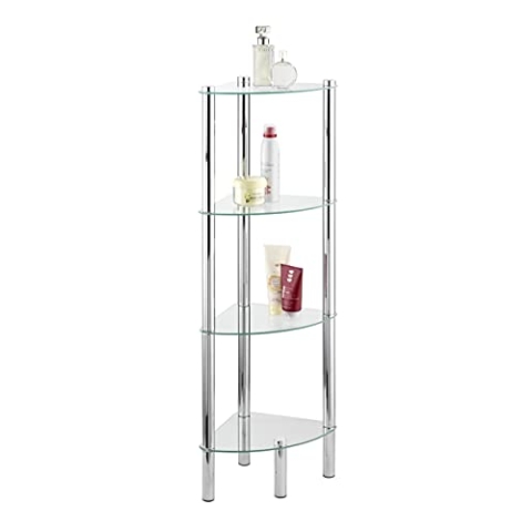 WENKO Eckregal Yago mit 4 Glasablagen - Badregal, Stahl, 30 x 104 x 30 cm Silber