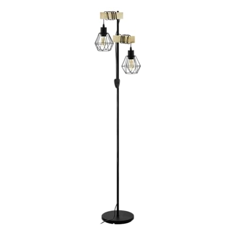 EGLO Stehlampe Townshend 5, 2 flammige Vintage Stehleuchte im Industrial Design, Retro Standleuchte aus Stahl und Holz, Farbe Schwarz, braun, Fassung E27, FSC zertifiziert, inkl. Schalter