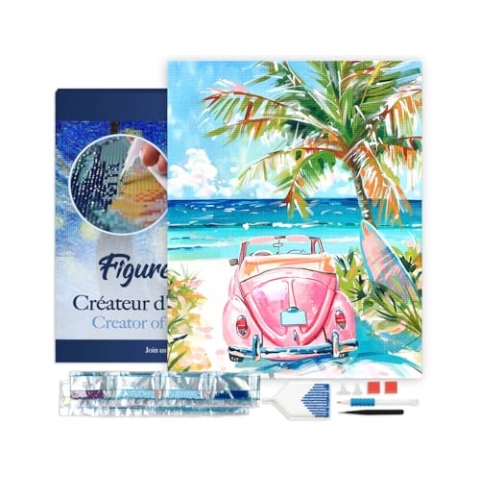 Figured'Art Diamond Painting Erwachsene 40x50cm Mit Rahmen Ganze Leinwand gespannt Rosa Auto am Meer 5D Bilder Eckige Steine - DIY Set Basteln