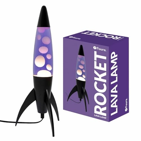 Fisura - Lila Lavalampe „Rocket“. Schwarzer Sockel, lila Flüssigkeit und weiße Lava. Retro-Lavalampe mit Ersatzbirne. Ideal für Wohnzimmer, Büro oder Schlafzimmer. Maße: 20 cm x 20 cm x 45 cm.