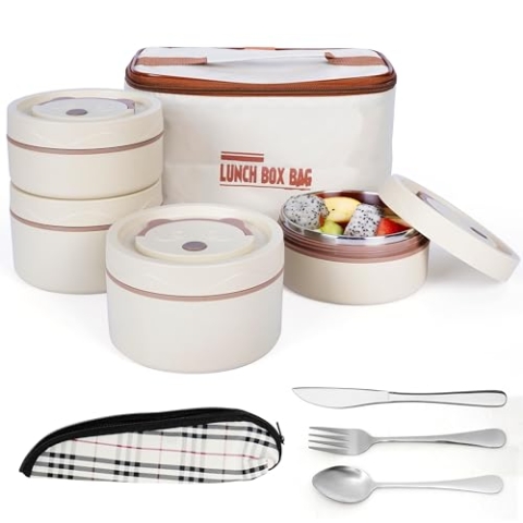 BELLE VOUS 5-teiliges tragbares isoliertes Lunchbox-Set mit Besteck - 4 Edelstahl Thermobehälter für Essen - Stapelbar und auslaufsicher - Thermo Lunchbox für Erwachsene - Beige