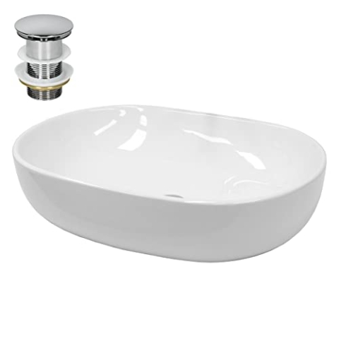 ECD Germany Design Waschbecken Waschtisch 600 x 420 x 145 mm inkl. Ablaufgarnitur für Waschbecken ohne Überlauf - Keramik Weiß Aufsatzbecken Aufsatzwaschbecken Waschschale Aufsatzwaschtisch Spülbecken