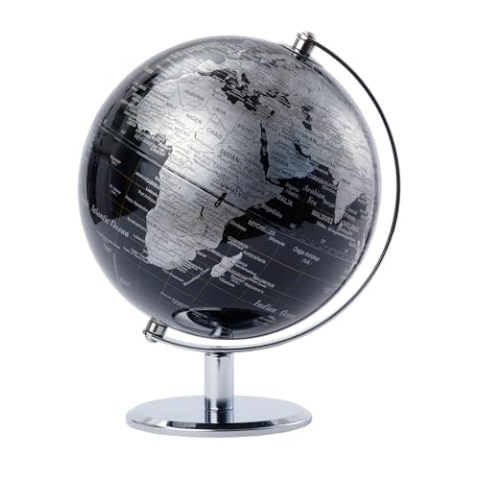 TROIKA Globus Ø 20 cm LUNAR Globus schwarz glänzende Meere & silberfarbene Landflächen, verchromter Metallfuß, weicher Filzboden bewegliche Achse - im hübschen Karton ideal zum Verschenken