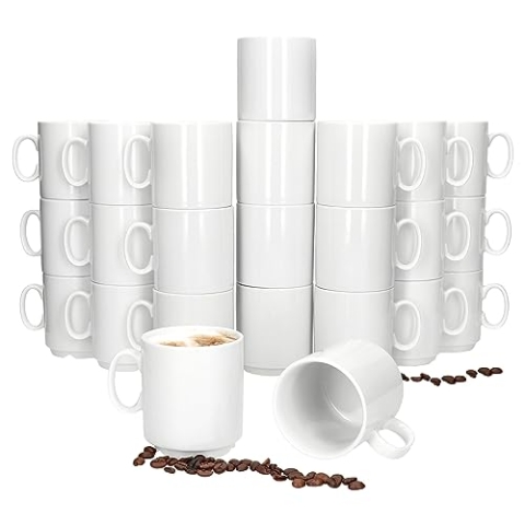MamboCat Event 24er Set Kaffeebecher I 250 ml I weiße Porzellan-Becher mit Henkel 24 Personen I stapelbare Tassen für Heißgetränke wie Tee, Kakao, Latte Macchiato & Co I schickes Kaffee-Geschirr