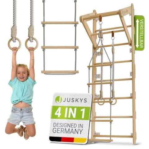 Juskys Sprossenwand für Kinder - mit Klimmzugstange, Indoor Klettergerüst mit Turnringen und Strickleiter, Kletterwand fürs Kinderzimmer, Turnstange