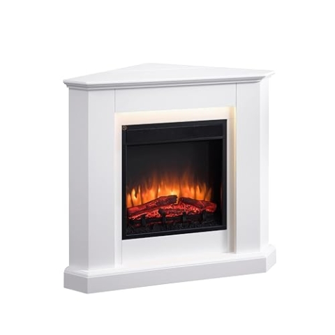 BALDERIA Elektrokamin Candela | Elektrischer Eckkamin mit 3D-Flammeneffekt | Elektro Heizung 2000W, LED-Beleuchtung, Fernbedienung, Timer & Thermostat | Weiß