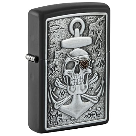 Zippo Taschenfeuerzeug mit Totenkopf-Anker-Emblem, matt, Schwarz