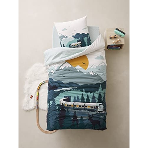 VERTBAUDET Bettwäsche für Kinder, Bettbezug und Kissenbezug, auf Schienen, grün, 140 x 150 cm, Kissenbezug 63 x 63 cm