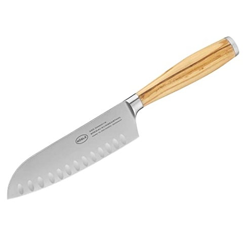Rösle Santokumesser Artesano 16,5 cm - Hochwertiges Küchenmesser zum Schneiden von Fleisch, Fisch, Geflügel und Gemüse, ein scharfes Schneidemesser mit ergonomischem Griff aus Olivenholz