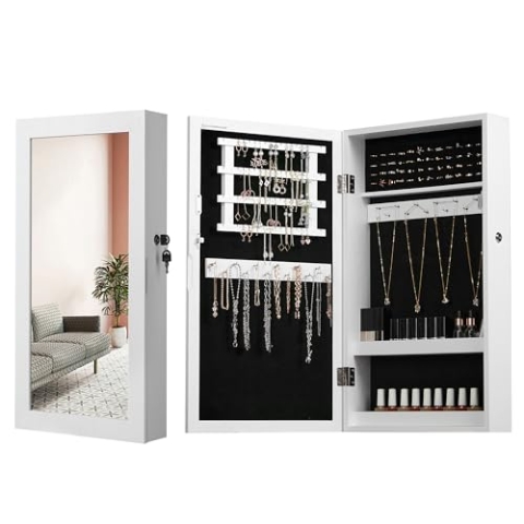 SONGMICS Schmuckschrank, Spiegelschrank, Hängeschrank, abschließbarer Wandschrank, platzsparender Schmuckorganizer, Weihnachten, Weiß-Schwarz JBC51W