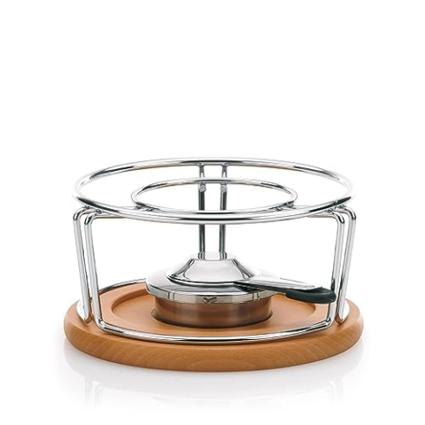 Kela Käsefondue Rechaud mit Pastenbrenner NATURA, Metall Stövchen für Fondue verchromt, Brennpastenbehälter mit Buchenholz Untersetzer, Edelstahl, silber glänzend, Ø 21,5 cm