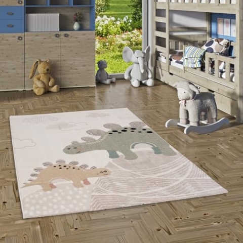 Happy Kids Kinderteppich Dino Stegosaurio Creme - Weich, Strapazierfähig & Schadstoffgeprüft - Hoch-Tief-Struktur, 100% Polypropylen, Pflegeleicht, rutschfest - Perfekt für Kinderzimmer
