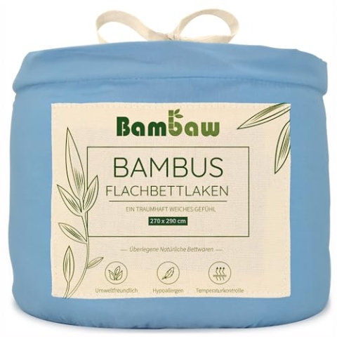 Hellblaues Bettlaken Übergröße aus Bambus | Kühlende 270x290 cm Bambus Bettwäsche | Allergiker Bettwäsche | Angenehme kühlende Bettwäsche | Betttuch Übergröße | Hellblaue Bettlaken | Bambaw