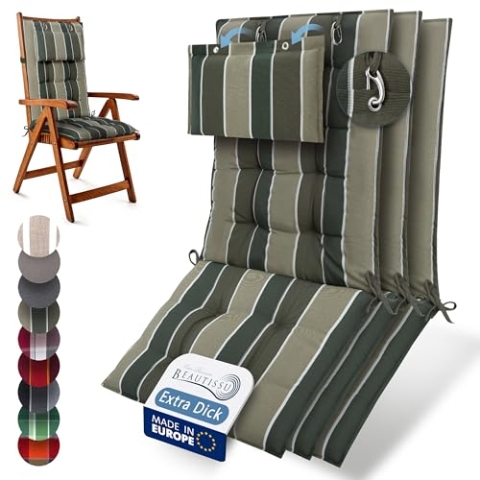 Beautissu 3er Set Premium Hochlehner Auflage Kopfpolster 120x50cm Sun-HL – 8cm Dick Polster Gartenstuhlauflage rutschfest Befestigungsbänder UV-Lichtechtheit 5 – Robust Stoff Grün gestreift