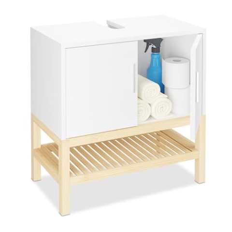 Relaxdays Waschbeckenunterschrank mit Ablage HBT: 60,5x60x33 cm, Bambus & MDF, Badunterschrank Waschbecken, weiß/Natur