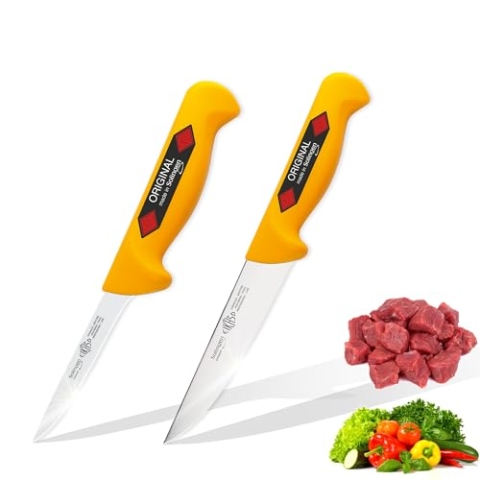EIKASO Solingen Metzgermesser Set 2tlg, von Profis - für Profis und Privat Ausbeinmesser Fleischmesser aus 1.4116 Molybdänstahl, rostfrei, Handabzug, gelbe extra rutschfeste Polypropylengriffe