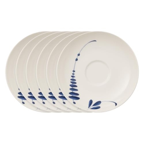 Villeroy & Boch Vieux Luxembourg Brindille Tee- / Kaffeeuntertassen 6er Set, 14 cm, Untertasse mit blauem Dekor, Premium Porzellan, Weiß
