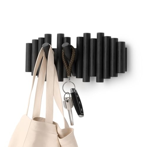 Umbra Picket Garderobenhaken - Garderobenleiste und Moderne Wand Dekoration mit 5 Klapphaken aus geschliffenem Kiefernholz, Schwarz