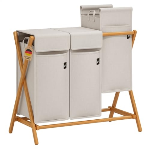 AdelDream Wäschekorb 3 Fächer 150L Bambus Wäschesammler Wäsche Sortiersystem X-förmige Wäschebox laundry baskets Wäschesortierer Hellgrau