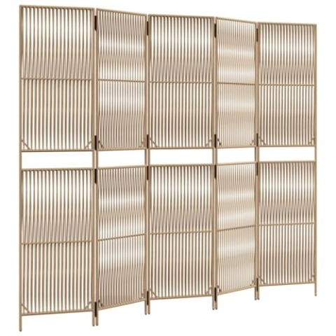vidaXL Paravent 5-TLG., Raumteiler Linien-Webdesign Faltdesign, Trennwand Sichtschutz für Innen Außen, Spanische Wand Raumtrenner, Beige Poly Rattan