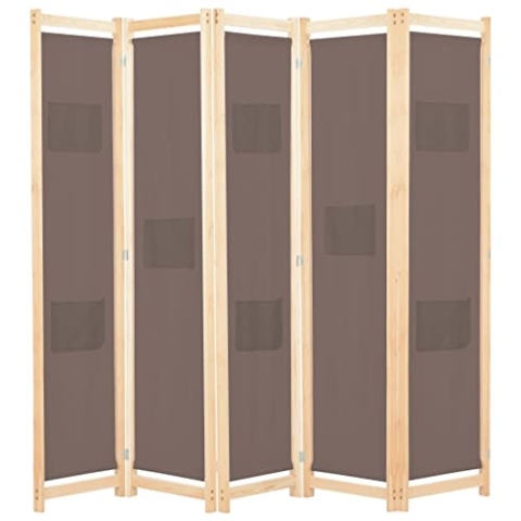 vidaXL Holz Raumteiler 5-TLG. Paravent Trennwand Umkleide Sichtschutz Spanische Wand Raumtrenner Stellwand Braun 200x170x4 cm Stoff Klappbar Platzsparend