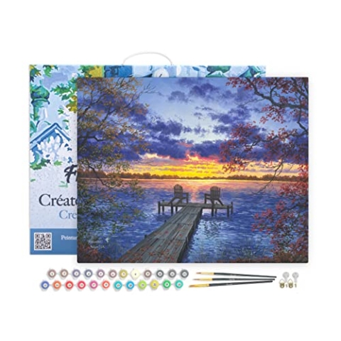 Figured'Art Malen Nach Zahlen Erwachsene Mit Rahmen Eine Abenddämmerung am Flusssteg - Paint by Numbers Basteln DIY Bastelset 40x50cm Leinwand gespannt auf Holzrahmen