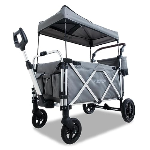 FUXTEC Bollerwagen faltbar FX-CTL950 Grau mit Dach - Transportwagen klappbar | Hecktasche, Komfort-Schiebegriff & Innenraumverlängerung | 5-Punkt-Gurt | Handwagen/Leiterwagen – Das Original