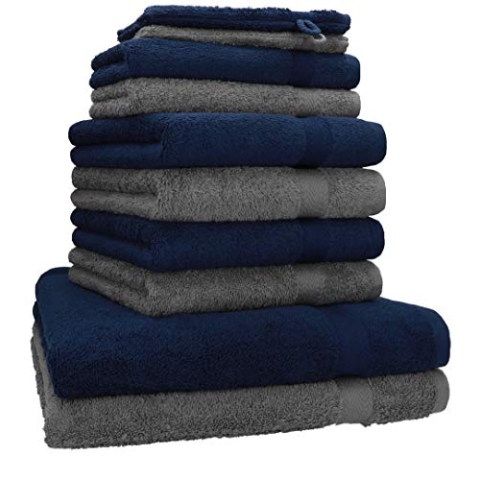 Betz 10-TLG. Handtuch-Set Premium 100% Baumwolle 2 Duschtücher 4 Handtücher 2 Gästetücher 2 Waschhandschuhe Farbe Anthrazit & Dunkel Blau