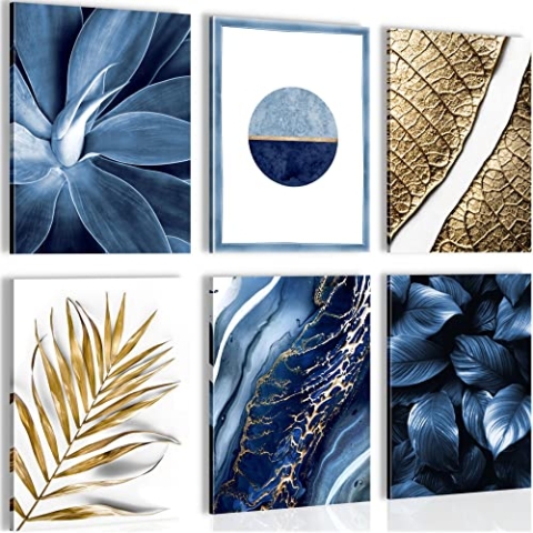 Novart Wandbilder - KEIN EXTRA RAHMEN BENÖTIGT - Wohnzimmer Schlafzimmer - Bilder Modern Abstrakt Blumen Blätter - Gold Blau - N007065a