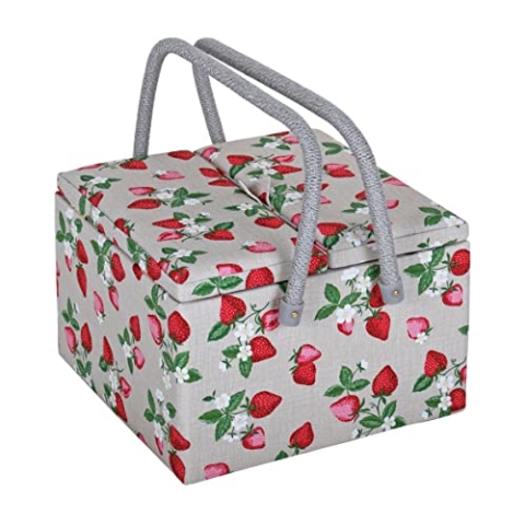 Hobby Gift Exklusive große Aufbewahrungsbox mit zwei Deckeln zum Nähen, Basteln, Hobby, Zubehörablage, Nadelkissentaschen, PVC-Griffe, 25 x 25 x 17 cm, Erdbeeren