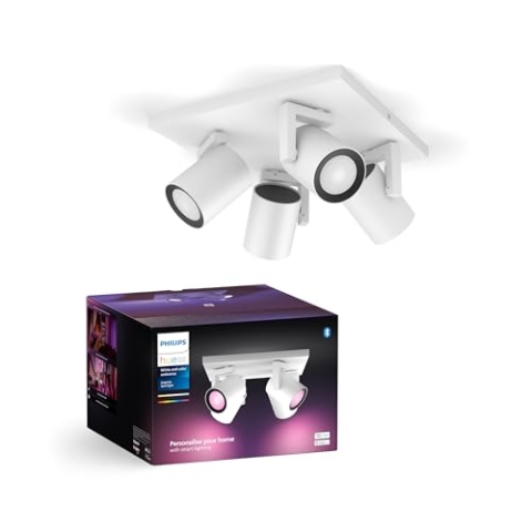 Philips Hue White & Color Ambiance Argenta Deckenlampe mit 4er Spot (1.050 lm), dimmbare LED Spots mit 16 Mio. Farben, smarte Lichtsteuerung über Sprache und App, weiß, neue Generation