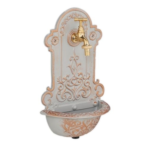 Relaxdays Wandbrunnen, nostalgisch, Waschbecken & Wasserhahn, Gartenbrunnen HBT 36 x 22 x 10,5 cm, Gusseisen, Gold/grau