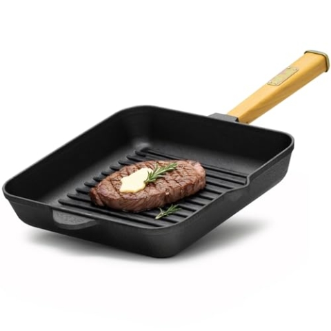 4BIG.fun Grillpfanne 28 cm mit Holzgriff | Steakpfanne aus Gusseisen | Pfanne geeignet für Gasgrill, Backofen, Feuerstelle, alle Herdarten inkl. Induktion