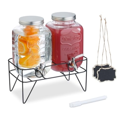 Relaxdays Getränkespender mit Ständer, 2 Limobehälter je 4L, Zapfhahn aus Edelstahl, Glas Wasserspender, transparent