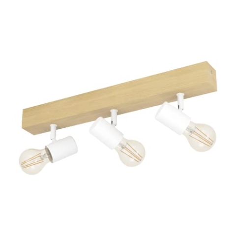 EGLO Deckenlampe Townshend 3, 3 flammiger Vintage Deckenspot im Industrial Design, Retro Lampe aus Stahl und Holz, weiß, braun, E27 Fassung