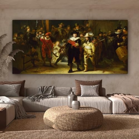 MuchoWow Leinwand Bilder, Einzigartige Wanddeko mit Rahmen, Die Nachtwache - Rembrandt van Rijn, Wandbilder Wohnzimmer, Deko Schlafzimmer 160x80 cm