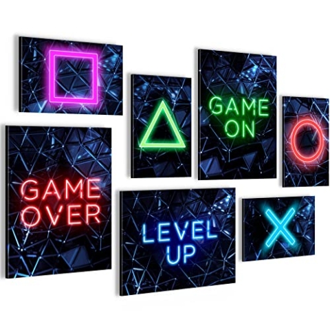 Novart Wandbilder Spielkonsole Gamer - KOMPLETT AUFHÄNGFERTIG - Gamer Kinderzimmer Junge Teenager - 7 Moderne Mood-Bilder - N002671b
