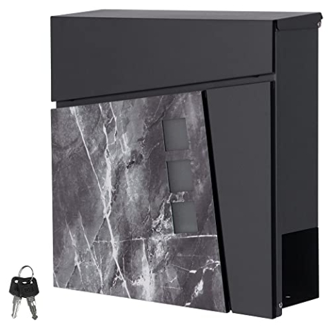 ML-Design Briefkasten 37x36,5x11 cm Anthrazit/Schwarz-Marmoroptik, Stahl, Postkasten mit Zeitungsfach, Schloss, 2 Schlüssel, Moderner Design Wandbriefkasten mit Zeitungsrolle, Mailbox für Wandmontage