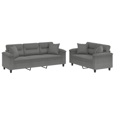 vidaXL Sofagarnitur 2-TLG., Sessel Couch mit Kissen, Sofa Wohnzimmersofa mit Armlehnen, Couchgarnitur Designsofa Sitzmöbel Polstermöbel, Dunkelgrau Mikrofasergewebe