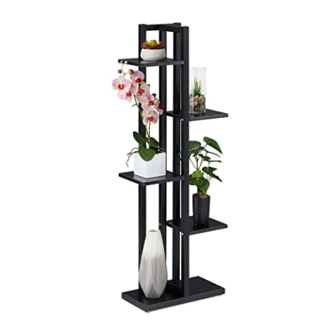 Relaxdays, schwarz Pflanzenregal, Blumentreppe mit 5 Ablagen, HBT 117 x 43 x 22 cm, Stahl u. MDF, Blumenregal innen, Faserplatte