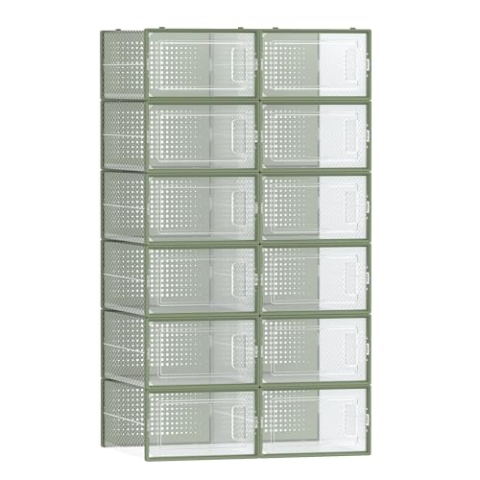 SONGMICS Schuhboxen, 12er Set, Schuh-Organizer aus Kunststoff, faltbar und stapelbar, für Schuhe bis Größe 44, transparent-lorbeergrün LSP12SG30