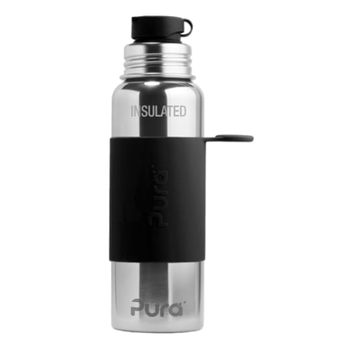 Pura Sport vakuumisolierte 650 ml Edelstahl-Wasserflasche mit Silikon-Sport-Klappverschluss und Hülle, schwarz (plastikfrei, ungiftig zertifiziert, BPA-frei)