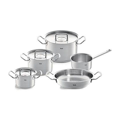Fissler Original-Profi Collection/Edelstahl-Kochtopfset, 5-teilig, Topf mit Metall-Deckel (3 Kochtöpfe inkl. Deckel,1 Servierpfanne, 1 Stielkasserolle) - Induktion, Made in Germany