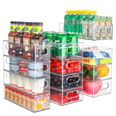 THLEITE Kühlschrank Organizer 12er Set (4 Aufgerüstetes Mittel/4 Mittel/4 Klein), Speisekammer Vorratsbehälter, Durchsichtig Aufbewahrungsbox, ideal für Küchen, Kühlschrank, Schränke - BPA Frei