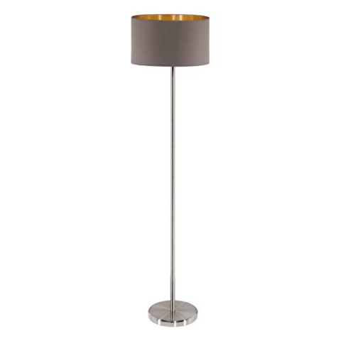 EGLO Stehlampe Maserlo, Textil Stehleuchte, Standleuchte aus Metall in Silber mit Lampenschirm in Cappuccino und Gold, E27 Fassung, inkl. Trittschalter